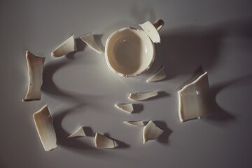 A broken white glass cup crumbled on the floor