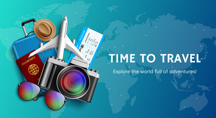 Travel time vector banner design. Time to travel explore the world text in world map background with elements like camera, passport and ticket for worldwide tour and location visit adventure.