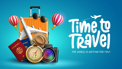 Travel time vector banner design. Time to travel text with travelling elements like airplane, compass, passport and luggage for tour visit and destination trip design. Vector illustration

