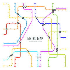 Abstract metro map in shape of triangle. Vector subway underground scheme. City transportation diagram concept. Colorful metro journey for poster design.