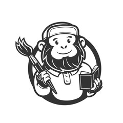 monkey holding brushes and a book. logo mascot of art classes. vector illustration