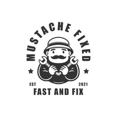 mustache man holding wrench. fixed logo. vector illustration