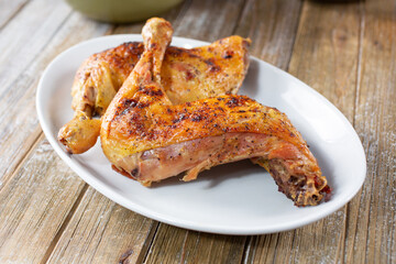 A view of a plate of baked chicken quarters.