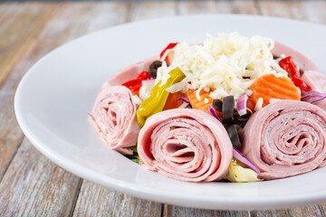 A view of an antipasto salad.