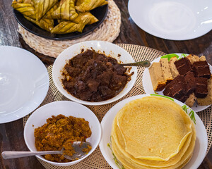 Traditional Malay Food and cookies during Ramadan and Eid Mubarak. Hari Raya Aidilfitri. Ketupat, rendang, lemang, dodol, biskut.
