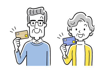 ベクターイラスト素材：クレジットカードを持つシニア世代の男性と女性、夫婦
