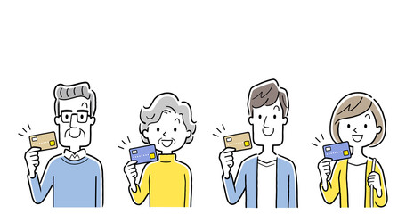 ベクターイラスト素材：クレジットカードを持つ若い世代とシニア世代
