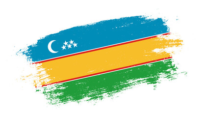 Obraz premium Flag of Karakalpakstan country on brush paint stroke trail view. Elegant texture of national country flag