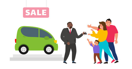 family buy or rent  car seller man dealer with keys vector illustration