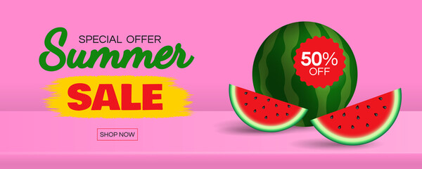 summer sale horizontal web banner design with watermelon with slices on pink background vector illustration