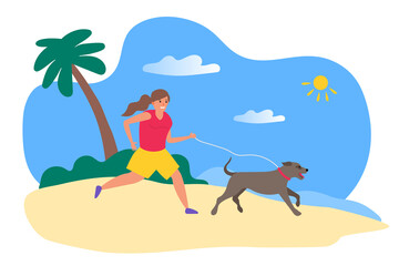 Obraz na płótnie Canvas woman running with dog on the beach summer activity healthy lifestyle vector illustration