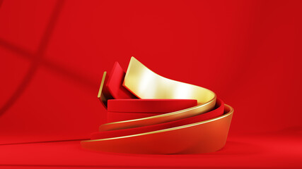 Podium, pedestal or platform, red background for the presentation of cosmetic products. Place for ads. 3D rendering stage geometry with gold. Product presentation blank podium.