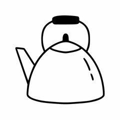 Iron kettle in style of  doodle. Vector icon with kitchen utensils for tea.