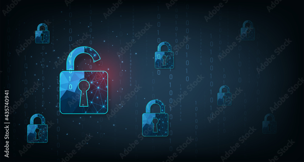 Aufkleber Concept of data attacks security.Visualization of cyber attacks With Padlock  destroyed on dark blue background.Cyber attack and Information leak concept.Vector illustration.