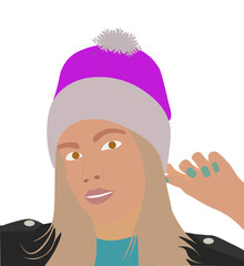 Mujer con gorro de lana con pompón. . Fondo transparente