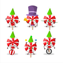 Cartoon character of red white peppermint lolipop with various circus shows