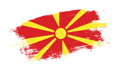 Flag of North Macedonia country on brush paint stroke trail view. Elegant texture of national country flag - Powered by Adobe