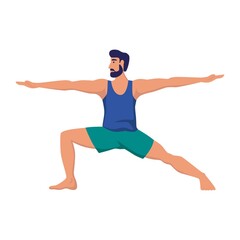 A young man does yoga and stands in a warrior's pose. Sports at home, yoga, healthy lifestyle. Flat cartoon vector illustration.