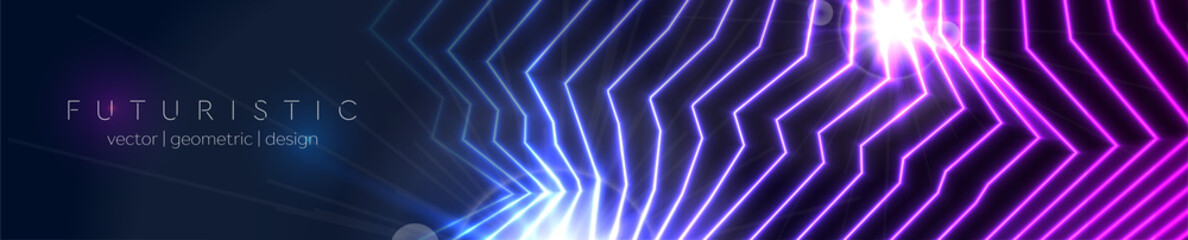 Blue and ultraviolet neon laser glowing curved 3d lines abstract tech background. Vector banner design