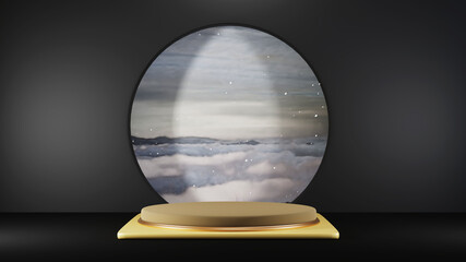 3d rendering of black podium pedestal isolated on black background, gold frame, memorial board, abstract minimal concept, luxury minimalist mockup