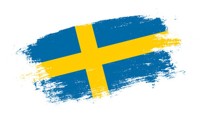 Flag of Sweden country on brush paint stroke trail view. Elegant texture of national country flag - obrazy, fototapety, plakaty