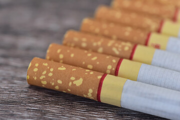 Row of cigarettes filter on wooden background