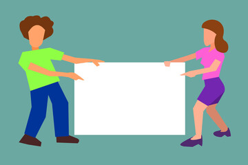 The vector template illustrator picture of a man and a woman hold the white board sign together.