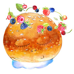 sesame bun with berries flying on a cloud