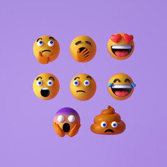 Fototapeta premium Set of Realistic Emoji or emoticon faces icon. Floating Emojis or emoticons with surprise, funny, and laughing isolated on purple background. 3d render illustration.