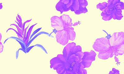Purple Hibiscus Textile. Violet Flower Painting. Pink Seamless Leaf. Vanilla Watercolor Print. Pattern Plant. Tropical Background. Exotic Print.Art Painting
