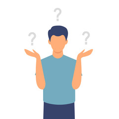 Male characters with question marks solve problems or find solutions. The man who was confused. The concept of frequently asked questions.