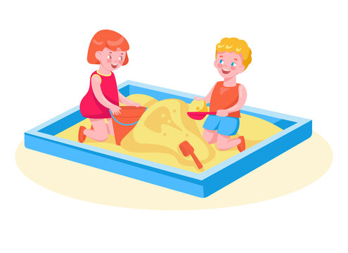 Happy children play in the sandbox. Vector illustration in cartoon style.