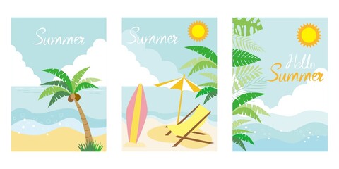 Fototapeta na wymiar Summer Vacation concept vector template. Summer Beach, Sky, Surfing, Tropical leaves illustration. Summer greeting cards, frames, templates and banner. 