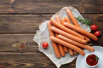 Vienna sausages. Wooden background. Top view with copy space for text.