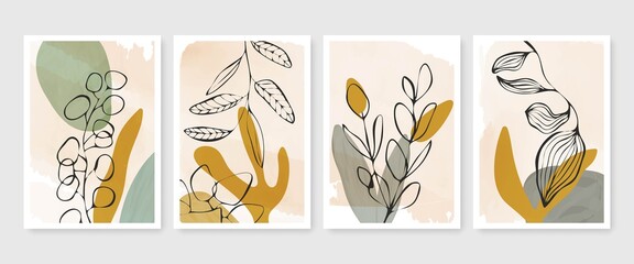 Modern Trendy Cards Set with Line Art Botanical Elements. Abstract Banners Collection Boho Style. Trendy Minimalist Poster with Florals Line Art Design. Minimal Abstract Background. Vector EPS 10.