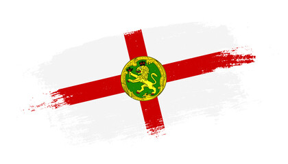 Flag of Alderney country on brush paint stroke trail view. Elegant texture of national country flag