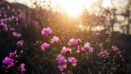 Fototapeta na wymiar Delicate pink rhododendron flowers in the sunlight, blurred background, close-up. Sunset or sunrise in blooming garden. Maralnik bushes in the Altai mountains in early spring.