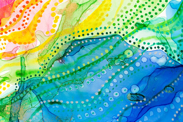 Watercolor rainbow abstract stains and dots background. Ink gradient texture.