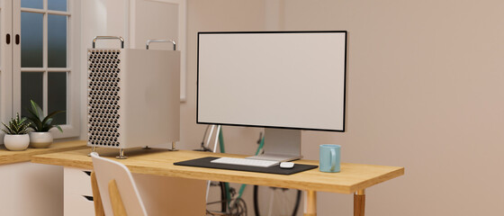 Computer with mock-up screen on wooden table in home office, 3D rendering