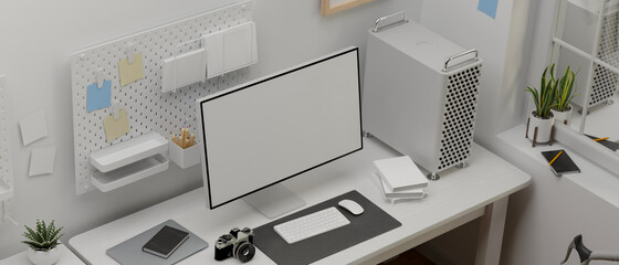 Top view of computer device with mock-up screen on white table in comfortable office room, 3D rendering