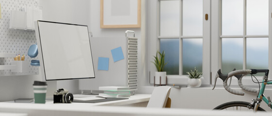 Side view of home office room with computer device, supplies and bicycle in the room, 3D rendering
