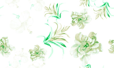 Fototapeta na wymiar Gray Watercolor Garden. Green Flower Leaf. Seamless Garden. Pattern Textile. Tropical Illustration. Isolated Set. Fashion Palm. Botanical Texture.