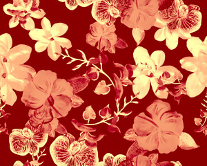 Scarlet Botanical Jungle. Red Orchid Plant. Coral Hibiscus Painting. Flower Backdrop. Watercolor Design. Seamless Illustration. Pattern Set. Art Jungle.