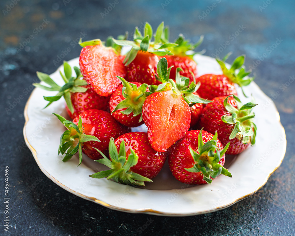 Wall mural strawberry juicy fruits fresh berries ripe harvest sweet dessert summer organic on the table copy sp