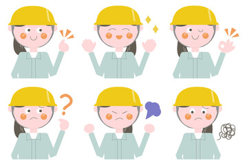 ヘルメットで作業着の女性・上半身の線なしイラスト）表情・ポーズのバリエーションセット