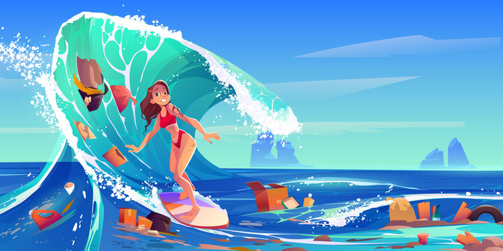 Pollution sea by plastic trash and garbage. Surfer girl swim in dirty water. Vector cartoon landscape of ocean with woman riding on surf board and floating waste, bottles, boxes and bags
