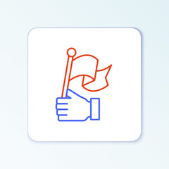 Line Hand holding flag icon isolated on white background. Victory, winning and conquer adversity concept. Colorful outline concept. Vector