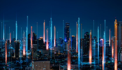 Smart city with wireless network connection and cityscape.big data connection technology concept.Wireless network and Connection technology concept with city background at night. - obrazy, fototapety, plakaty