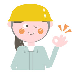 ヘルメットで作業着の女性・上半身の線なしイラスト）OK・了解・ウインク
