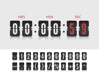 Scoreboard number and symbol font with reflections isolated on transparent background. Vector illustration template. Vector coming soon web page design template with flip time counter